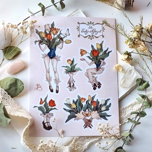 Tulpen Nymphen Aufkleber Blatt, Frühlings Feen, Blumen Journal Aufkleber, Freundin Geschenk Ideen, weibliche Kunst