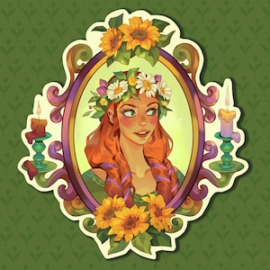 May include: A sticker illustration featuring a person with long orange hair wearing a flower crown of white daisies. The portrait is framed by an ornate purple oval border decorated with yellow sunflowers, green leaves, and two green candle holders.
