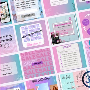 Könnte beinhalten: Eine Sammlung von 30 Instagram-Post-Vorlagen in Rosa-, Blau- und Lilatönen. Die Vorlagen enthalten Textfelder, florale Grafiken und das Canva-Logo. Die Posts sind für Social-Media-Marketing konzipiert.