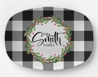 Personalized Black & White Buffalo Plaid Christmas Platter - Customized Dinnerware
