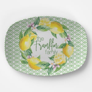 Personalized Green & Yellow Lemon Wreath Platter - Surname Customized Dinnerware