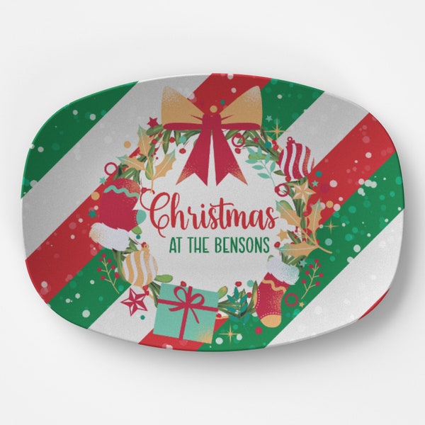 Personalized Christmas Glitter Striped Platter Surname Family Name - Custom Dinnerware