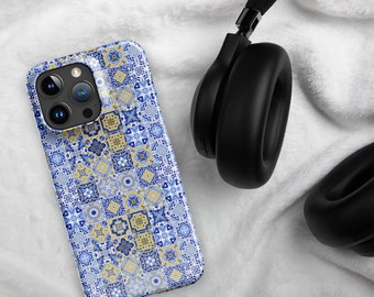 May include: A blue and yellow patterned phone case with a geometric design. The case is designed for an iPhone.