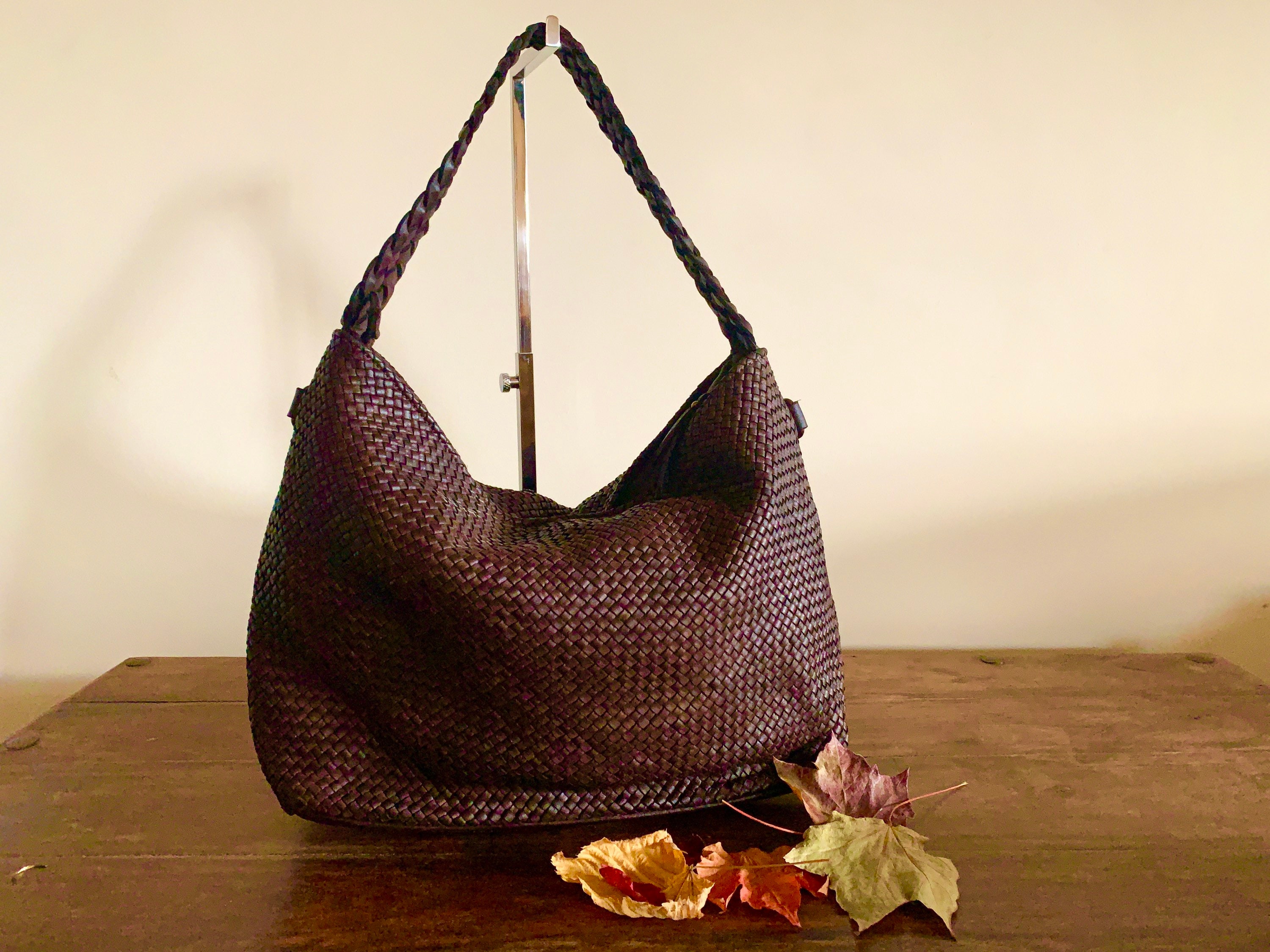 tan woven leather bag