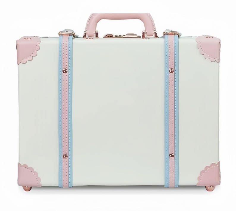 May include: A pink and white vintage-style suitcase handbag with a white shoulder strap and a short, brown strap. The handbag has a printed design of women and a dog. The text "on you and me of the world Beautiful" is printed on the front of the bag.