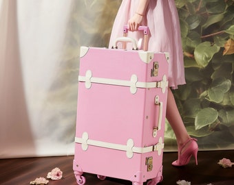 Personalized Rose Pink Suitcase For Women, Luggage Set with Spinner Wheels and TSA locks, Vintage Style  World Traveler Gift