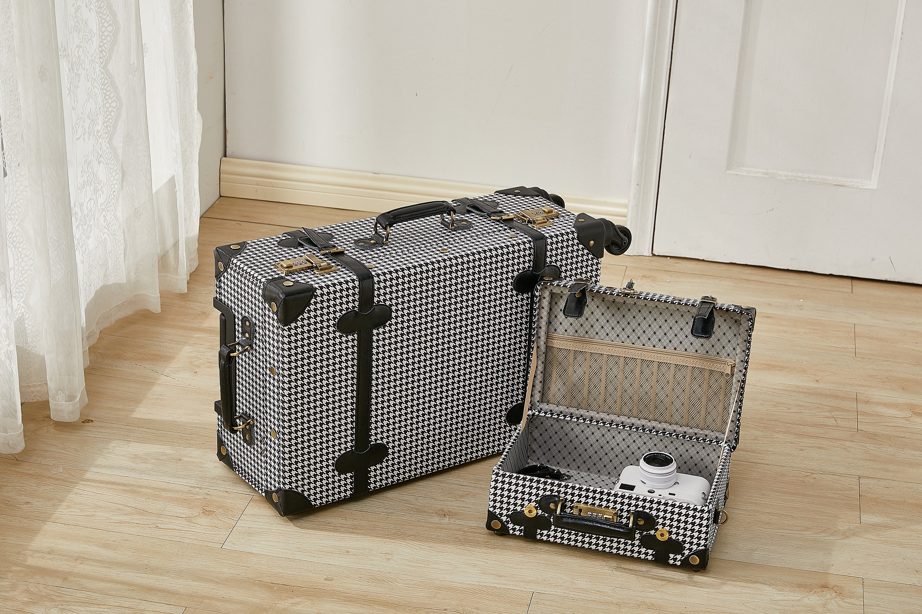 Houndstooth Suitcase Set for Woman Luggage With Wheels Travel Essentials With Custom Tags Travel Gift for Her Etsy