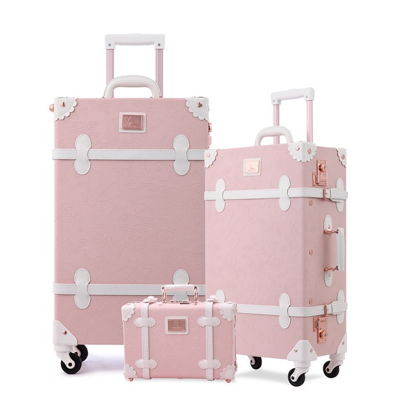 Embossed Pink Vintage Style Suitcase Luggage Set With Wheels and Combo locks or TAS Locks World Traveler Gift Senior Trip Graduate Gift Etsy