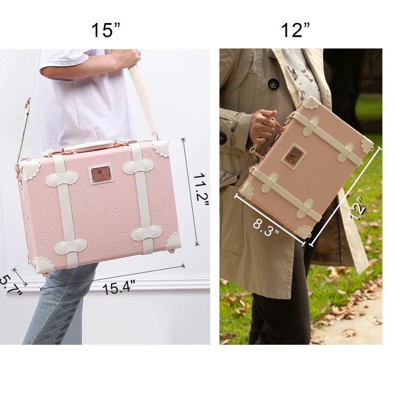 May include: Two pink and white vintage-style suitcases with gold accents. The larger suitcase measures 15.4 inches wide, 11.2 inches tall, and 7.5 inches deep. The smaller suitcase measures 12 inches wide, 8.3 inches tall, and 12 inches deep.