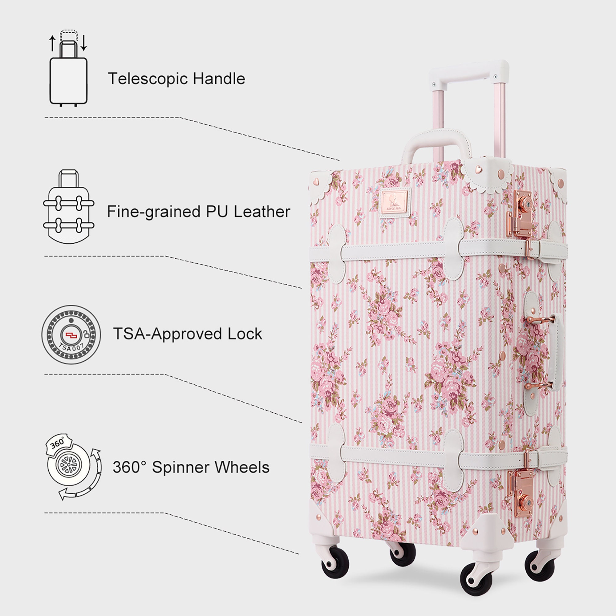 UNITravel 2 Piece Vintage Luggage Set, 20 Women Carry on Suitcase Set with TSA Lock, Faux Leather Spinner Trunk with 12 Train Case (Embossed Pink)