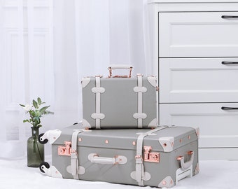 Personalized Gray Suitcase, Luggage Set With Wheels and Combo locks, Vintage Style World Traveler Gift, Senior Trip 2023