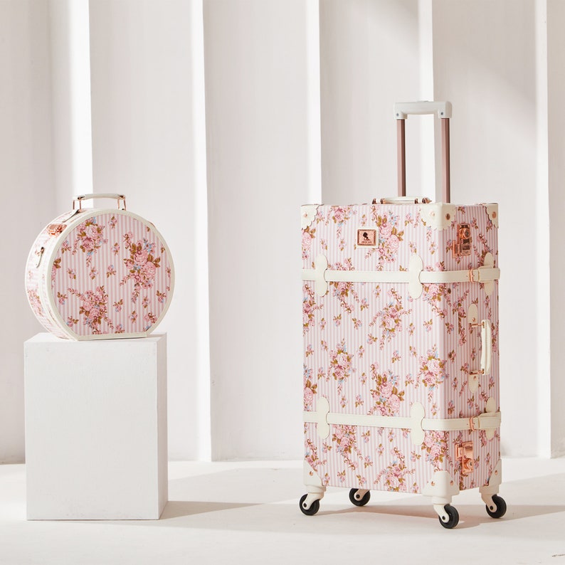 Graduation Gifts for Her 2023, Personalized Vintage Suitcase Set with Hat Box, Carry on Luggage with Cosmetic Case, Bag With Spinner Wheels Pink Floral