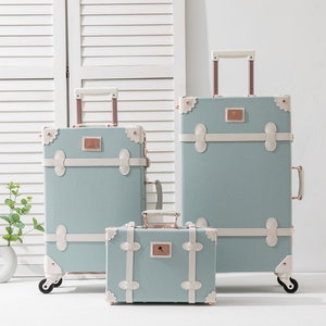 Vintage Style Embossed Blue Suitcase, Luggage Set With Wheels and Combo locks, World Traveler Gift, Senior Trip, Graduate Gift