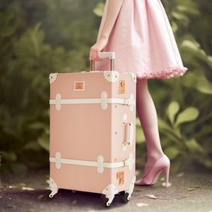 Embossed Pink Vintage Style Suitcase, Luggage Set With Wheels and Combo locks or TAS Locks, World Traveler Gift, Senior Trip, Graduate Gift
