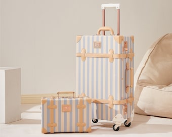 Blue-Striped Vintage Style Suitcase Set for Woman, Luggage with Wheels, Travel Essentials with Custom Tags, Travel Gift for Her