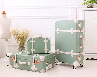 Personalized Matcha Green Suitcase, Luggage Set With Wheels and Combo locks, Travel Accessories, Vintage Style World Traveler Gift