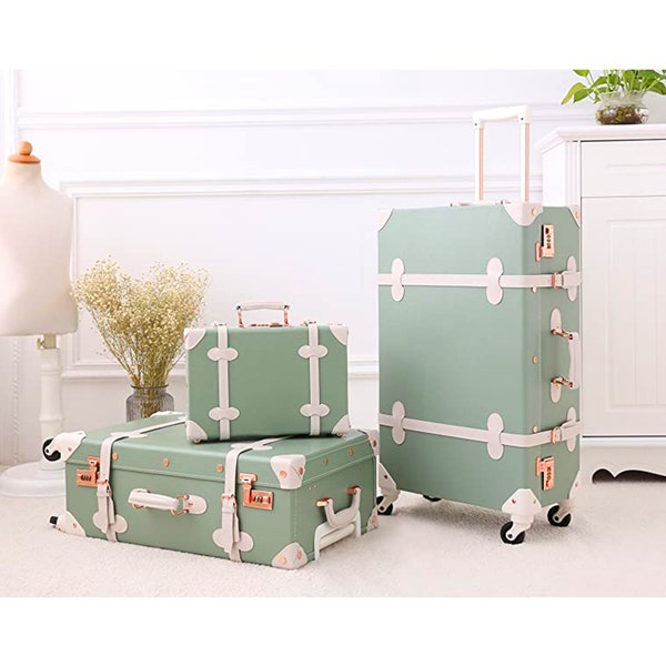 Personalized Matcha Green Suitcase, Luggage Set With Wheels and Combo locks, Travel Accessories, Vintage Style World Traveler Gift