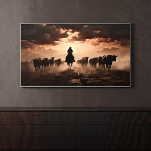 Samsung Frame Tv Art | Cowboy Cattle Drive | Digital AI Gen Art | Instant Download | Frame Samsung TV | Sunset | 16:9 ratio | Golden Hour