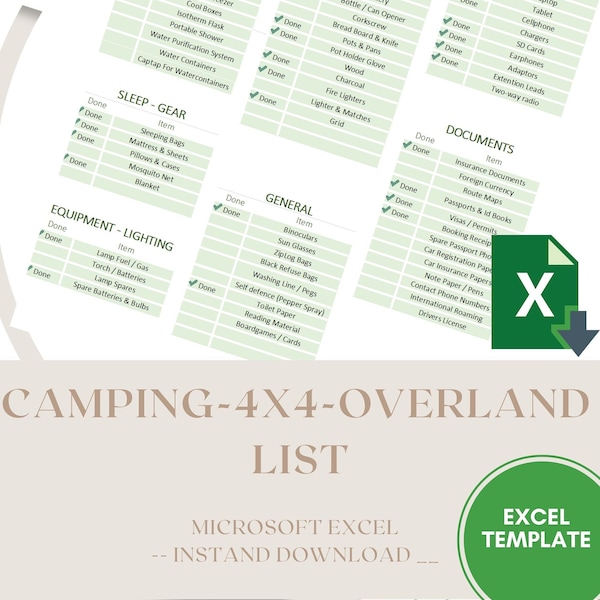 Camping 4x4 Overland List, Excel, PDF imprimable, Téléchargement numérique, Outdoor Planner, Téléchargement instantané, Liste, Camping, Excel, Overland, 4x4