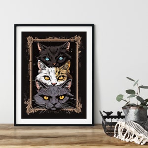 かわいい猫のウォールアートポスター、ウォールアート印刷可能、さまざまなサイズ、即時ダウンロード、デジタルAIジェネレーション、積み重ねられた猫、パステル、トレンディアート、猫の目