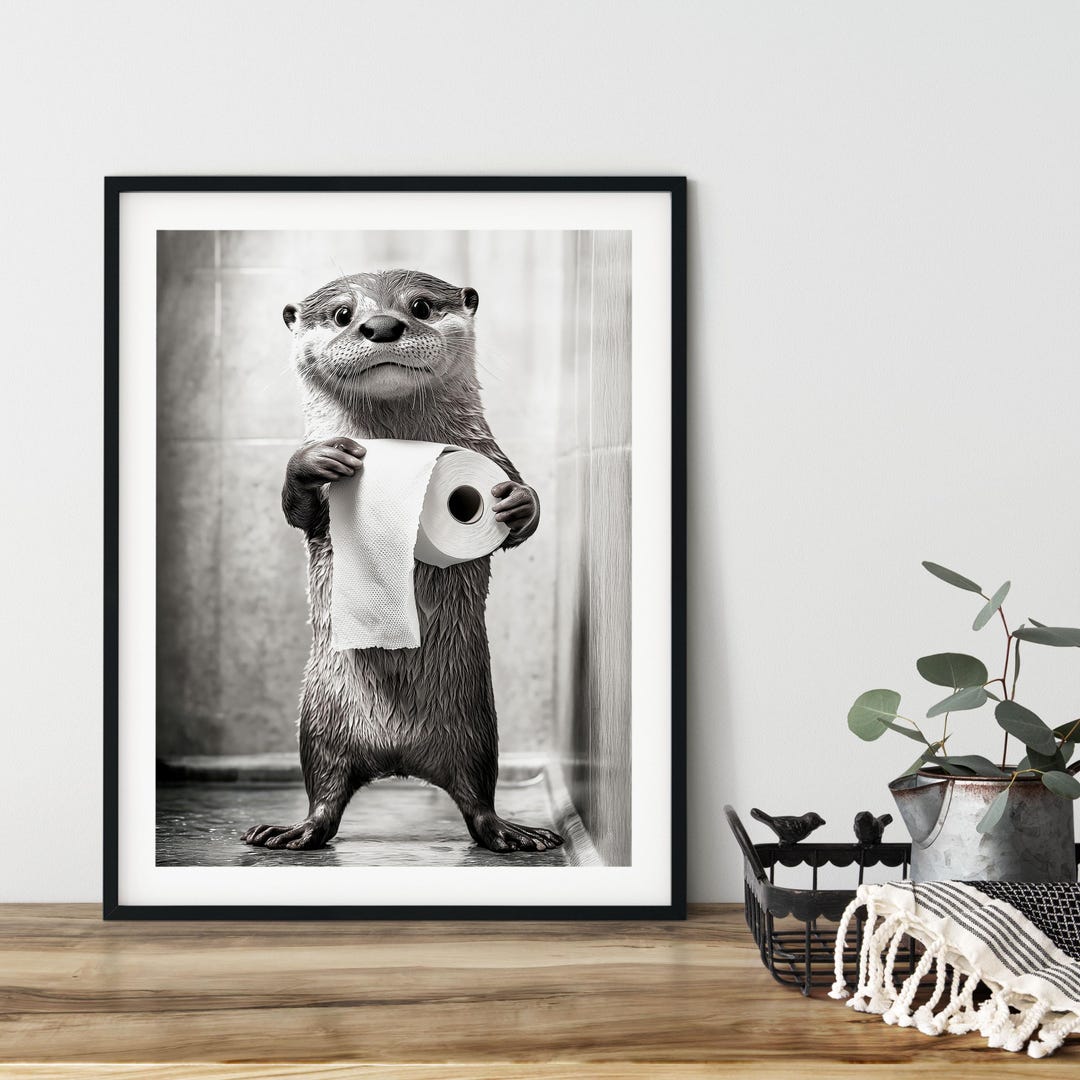 Funny Otter Bathroom Wall Art - Cute Otter Holding Toilet Paper Black & White Print 12x16in