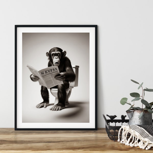 Funny Bathroom Poster, Printable, Instant Download, Digital AI Art, Chimpanzee, Sitting on the Toilet, Reading a newspaper, Funny Monkey