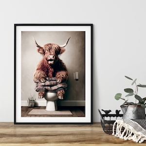 Vaca de las Tierras Altas, Inodoro, Cartel de arte de pared de baño divertido, Imprimible, Varios tamaños, Descarga instantánea, Arte digital de IA, Animales divertidos, Sorprendido