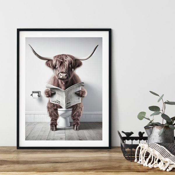 Funny Bathroom Wall Art Poster, Printable, Various Sizes, Instant Download, Digital AI Art, Animals, Highland Cow, Toilet, Reading Newspaper