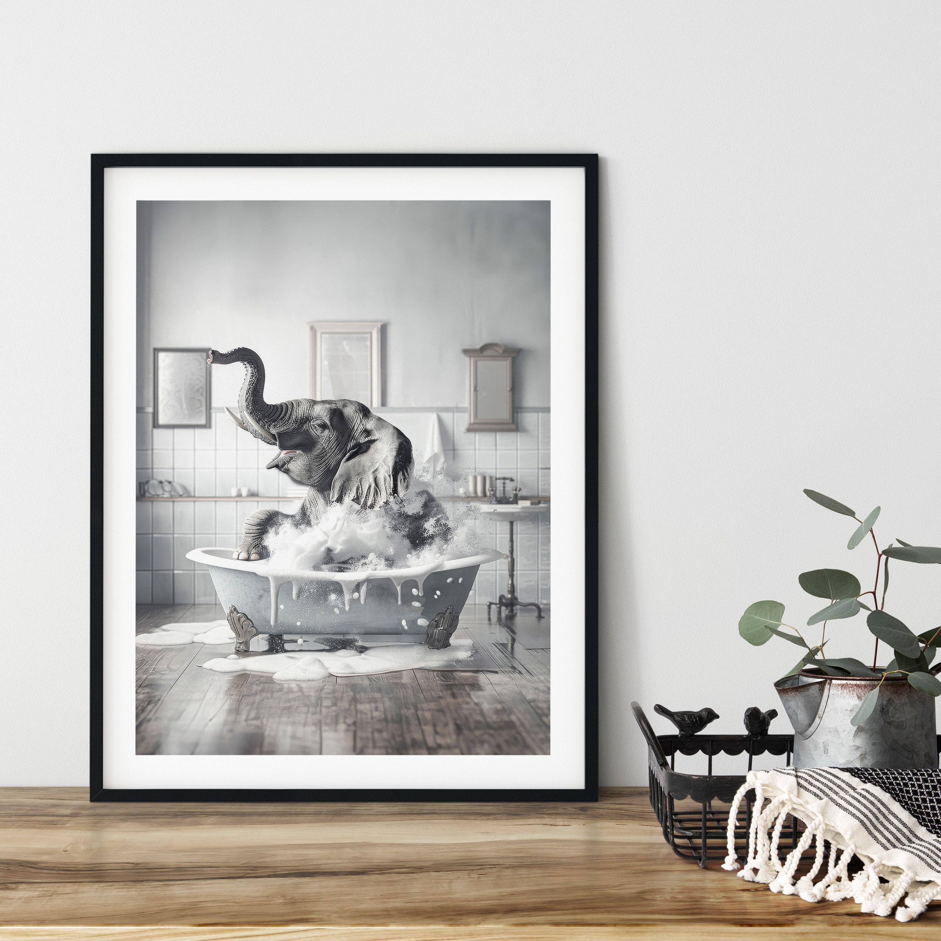 Happy Elephant in Bath, Funny Bathroom Wall Art Poster, Printable ...