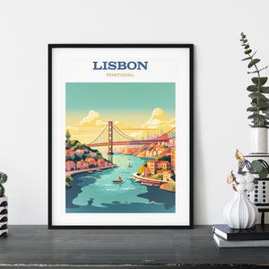 Lisbon, Portugal, Retro Travel Poster, Wall Art Printable, Various Sizes, Instant Download, Digital AI Gen Art,  Bridge, Ponte, Travel Gift