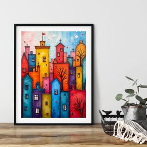 Whimsical Colorful Cityscape, Fantasy Village, Vibrant Urban, Wall Art, Printable, Instant Download, Digital AI Art, Home Decor