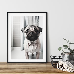 Mops, unter der Dusche, lustiges Badezimmer Wand Kunst Poster, Tierdrucke, Sofort Download, digitale Kunst, lustiger Hund, traurig, Hund Humor