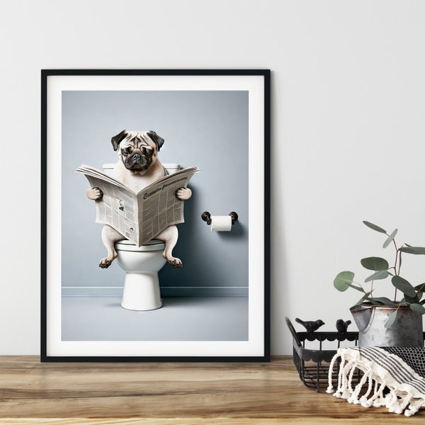 Funny Bathroom Wall Art Poster, Animal Prints, Instant Download, Digital AI Art, Funny Dog, Pug, Sitting on the Toilet, Reading Newspaper