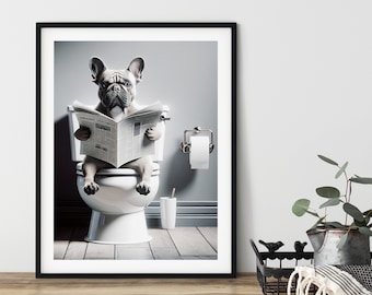 Funny Bathroom Wall Art Poster, Printable, Instant Download, Digital AI Art, Dogs, French Bulldog, Sitting on the Toilet, Reading Newspaper