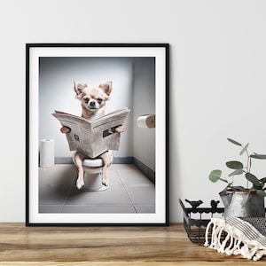 Chihuahua, Sitting on the Toilet, Reading Newspaper, Funny Bathroom Wall Art Poster, Animal Prints, Instant Download, AI Art, Funny Dog