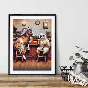 Picie piwa w barze, zabawny plakat na ścianę pubu, do wydrukowania, natychmiastowe pobranie, cyfrowa sztuka AI, koza, owca, przyjaciele, sztuka wózka barowego, na zdrowie