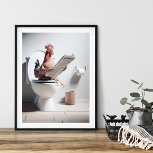 Chicken Sitting on the Toilet, Reading Newspaper, Funny Bathroom Wall Art Poster, Printable, Instant Download, Digital AI Art, Funny Animals