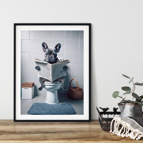 Funny Bathroom Wall Art Poster, Print, Instant Download, Digital AI Art, Blue Grey, French Bulldog, Sitting on the Toilet, Reading Newspaper
