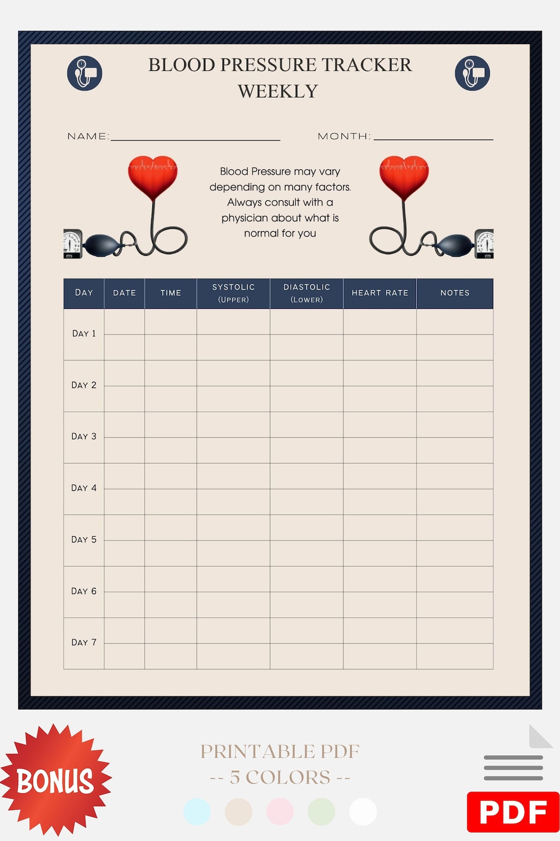 Blood Pressure Excel Tracker Printable Tracker Digital Download