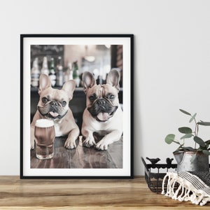 French Bulldog, Having a Beer at the Pub,, Funny Pub Wall Art Poster, Printable, Instant Download, Digital AI Art, Dogs, Friends, Pint