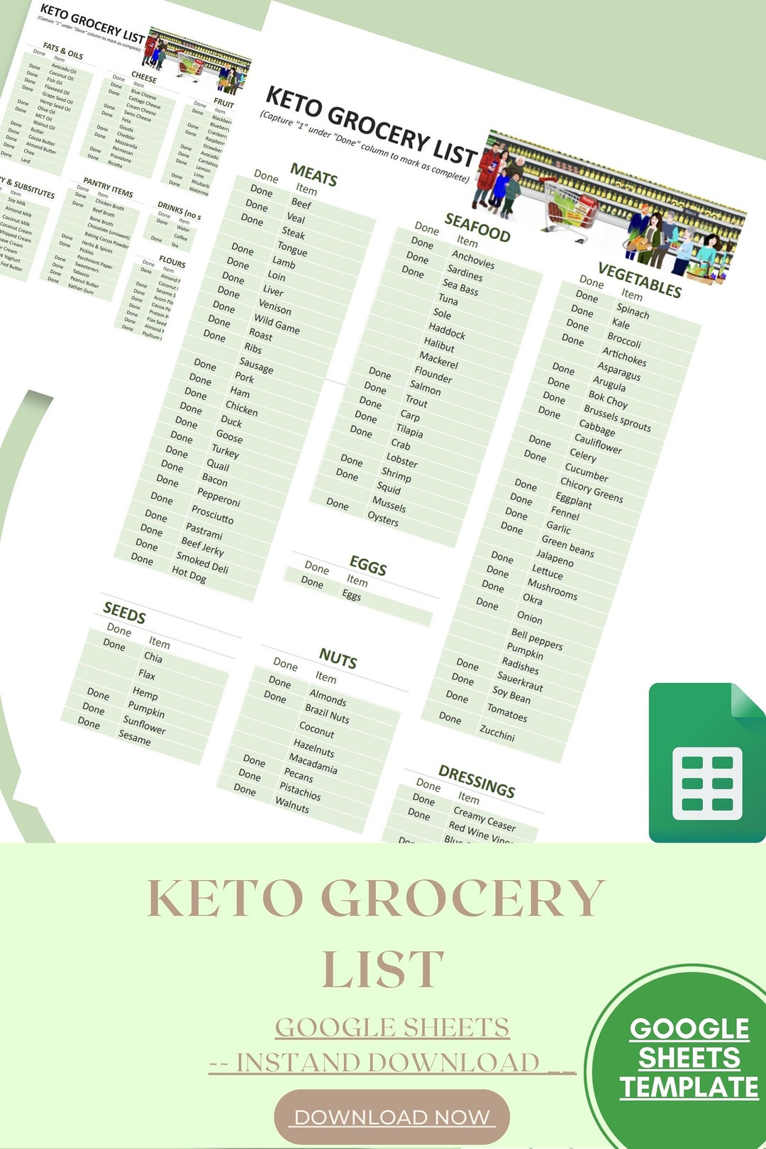 Keto Grocery List, Google Sheets, Printable PDF, Digital Download ...