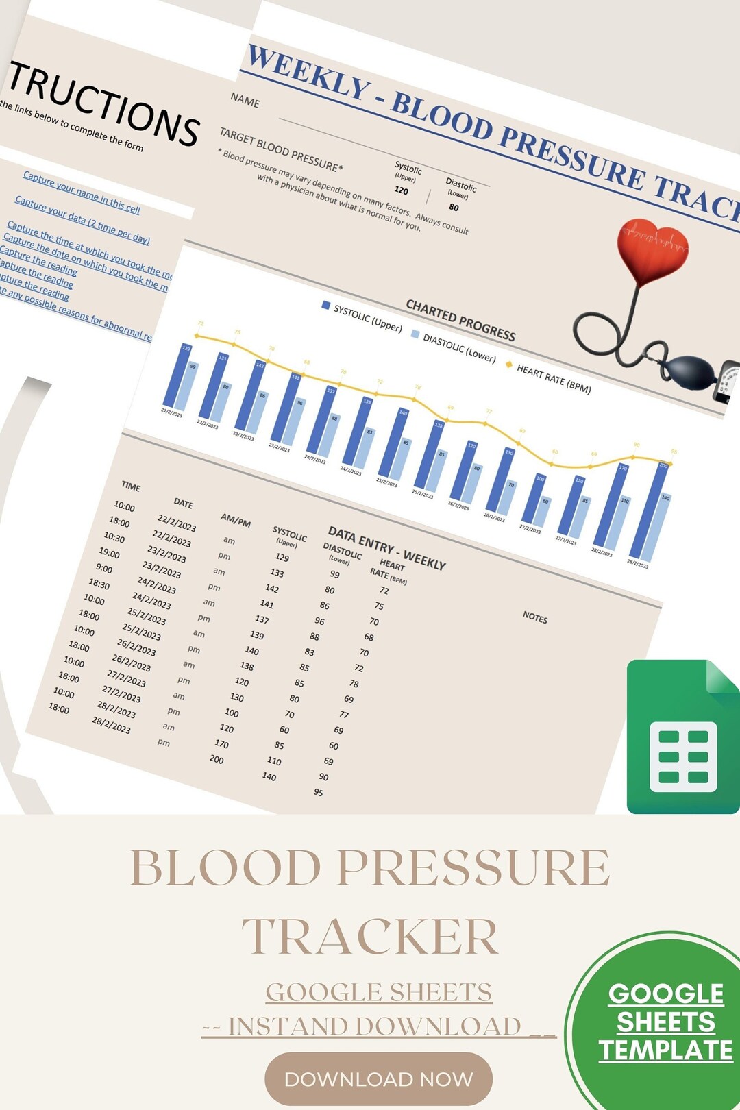 Blood Pressure Google Sheet Tracker, Printable Tracker, Digital