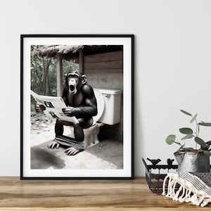 Chimpanzee, Sitting on the Toilet, Reading a newspaper, Rustic Cabin Bathroom Poster, Print, Instant Download, Digital AI Art, Funny Monkey