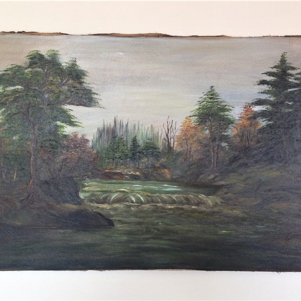 Lg Victorian "Canadian School" Untitled "Forest w Rushing River" 22 x 36 unframed 1900's