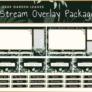 Stream Overlay Package - Dark Garden Leaves | Twitch | Overlay | Banner | Scenes | Offline | Magic | Panels | Elegant