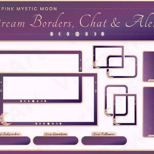 Puede incluir: Un conjunto de bordes de transmisión de Twitch morados y dorados, gráficos de chat y alertas con una luna creciente y estrellas. Los gráficos incluyen un borde de transmisión grande, un borde de chat más pequeño, una alerta de seguidor, una alerta de donación y una alerta de suscriptor.