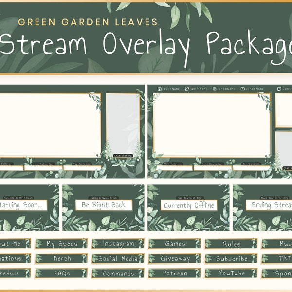 Stream Overlay Package - Green Garden Leaves | Twitch | Overlay | Banner | Scenes | Offline | Magic | Panels | Elegant