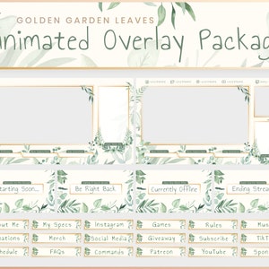 Animated Stream Overlay Package - Gold Garden Leaves | Twitch | Overlay | Banner | Scenes | Offline | Magic | Panels | Elegant | Boho