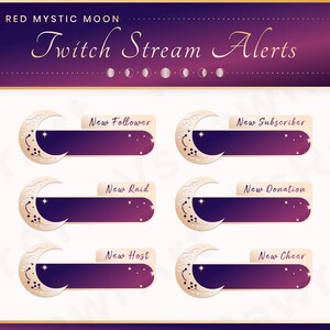 May include: Six Twitch stream alert banners featuring a crescent moon and stars design. The banners are labelled "New Follower", "New Subscriber", "New Raid", "New Donation", "New Host", and "New Cheer".