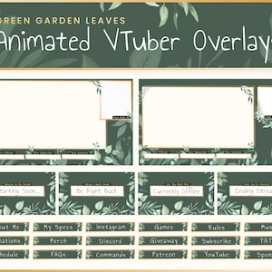 Animated Vtuber Stream Overlay Package - Green Garden Leaves | Twitch | Overlay | Banner | Scenes | Offline | Magic | Elegant | Boho